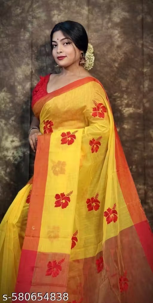 Traditional Bengali Handmade Jamdani Saree With Unstitched Bloused Wedding Wear