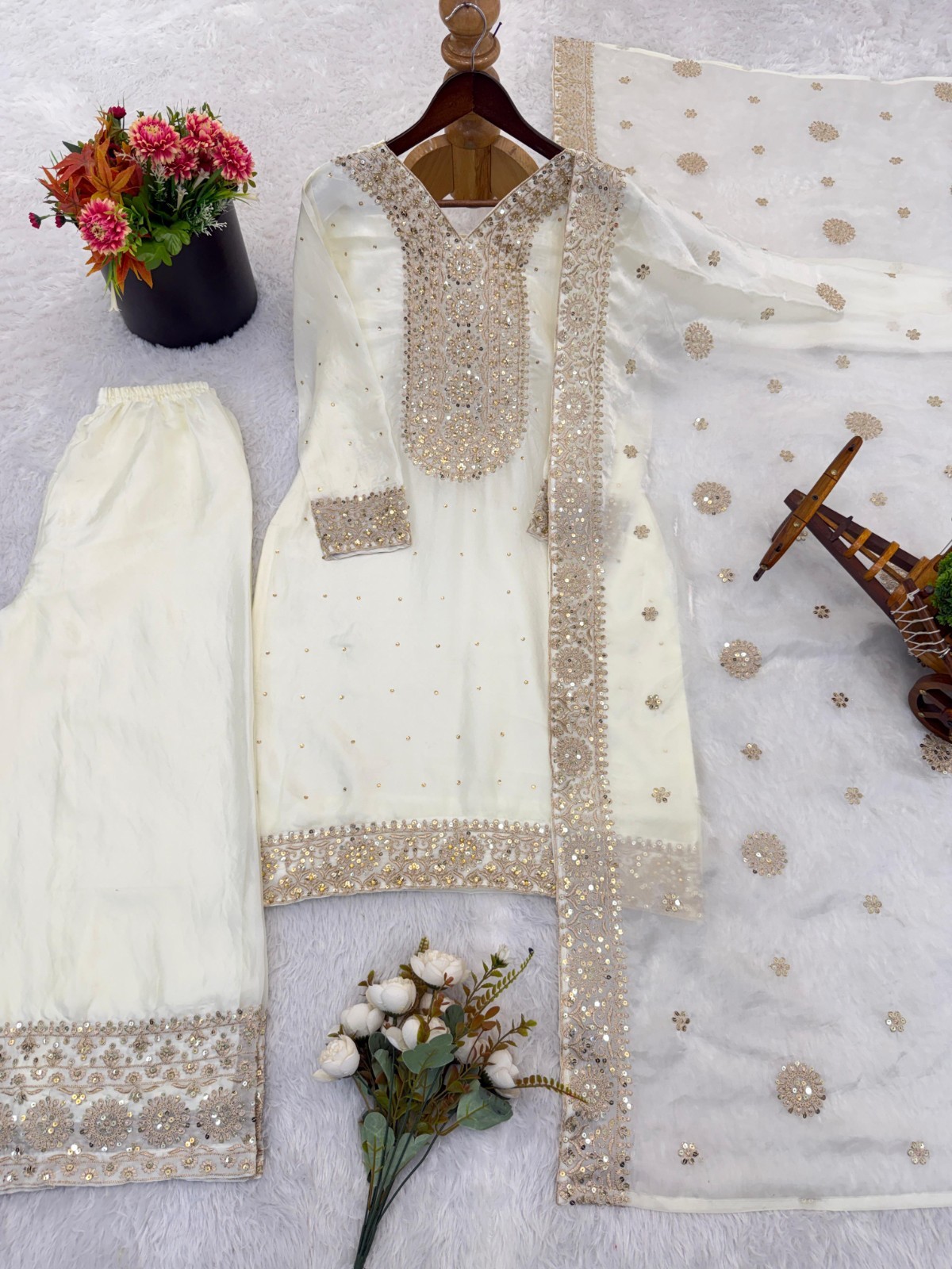 Designer Wedding Wear Silk Kurta Palazzo With Dupatta For Women & Girls