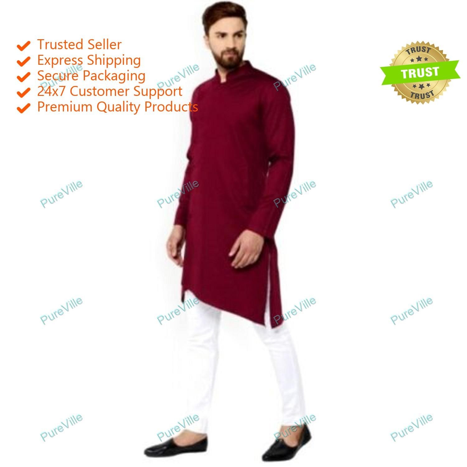 Mens Kurta Solid Cotton Handmade Red Long Sleeves Mens Casual Shirt Kurta