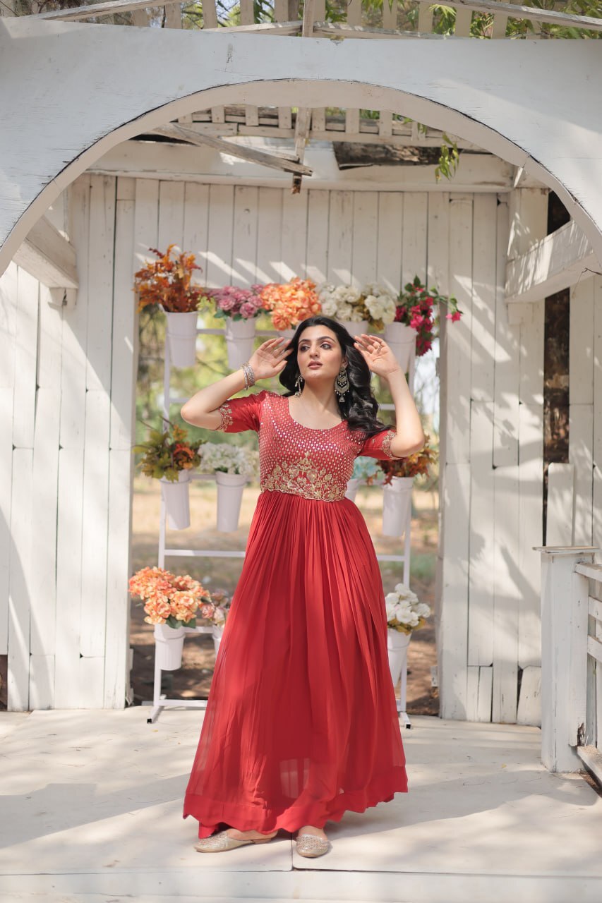 Sangeet Function Wear Orange Anarkali Gown For Traditional Wedding Function Wear
