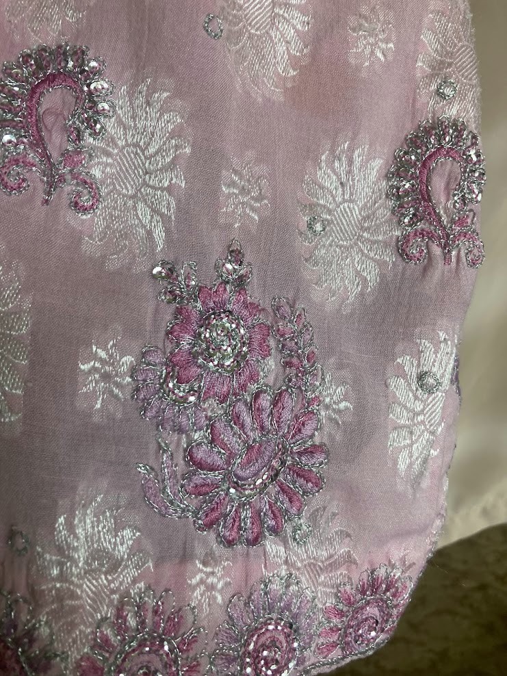 3Pc Indian Salwar Kameez Suit Pink Silver Rhinestone Embroidered Tunic Pants Set