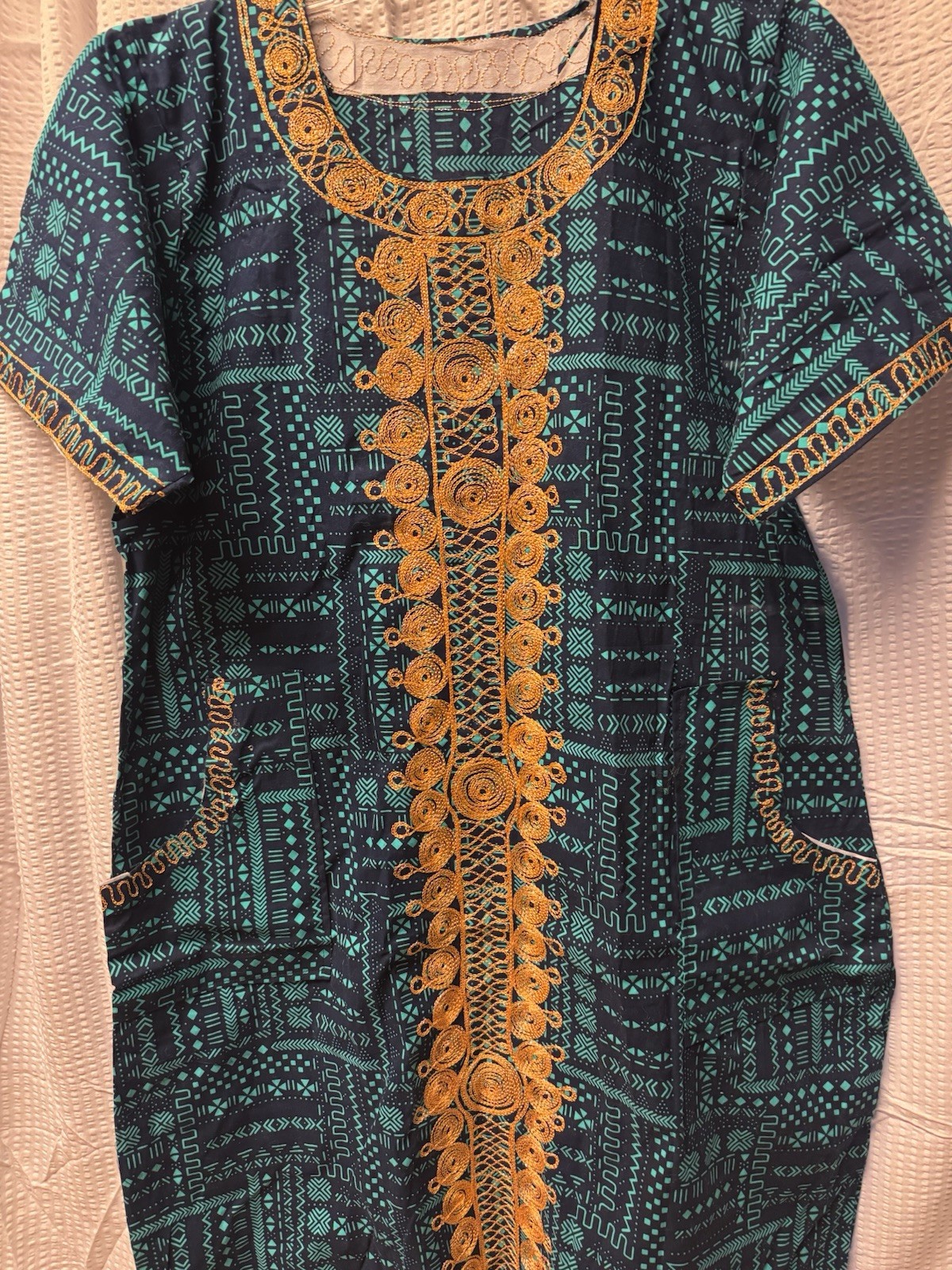 African Dashiki Style Tunic Dress Teal Blue Gold Embroidery Long Kaftan New L/XL