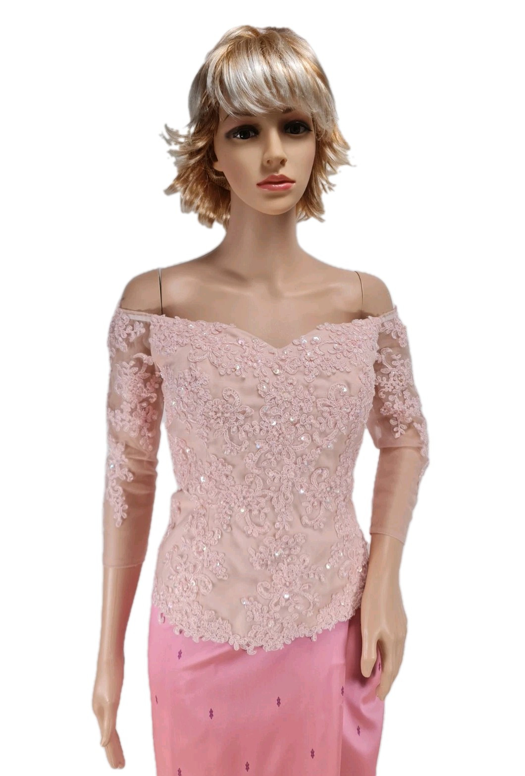 Cambodia Khmer Women Size L Pink Floral Lace Top Boat Neck Khmer Skirt