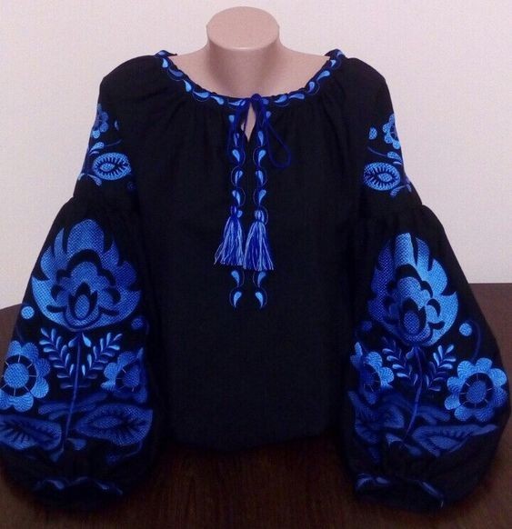 Vyshyvanka Elegant Ukrainian embroidered blouse Top Shirt black color XS-4XL