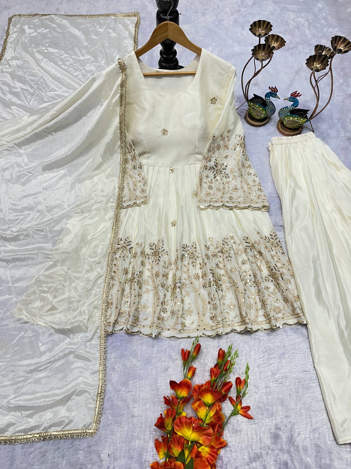 Presenting Heavy Chinon Silk White Top Palazzo And Dupatta For Wedding Wear