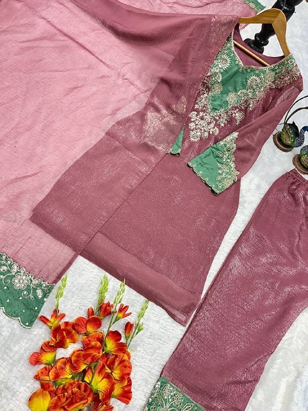Stunning Crunchy Silk Dusty Pink Top Palazzo With Dupatta For Women / Girls