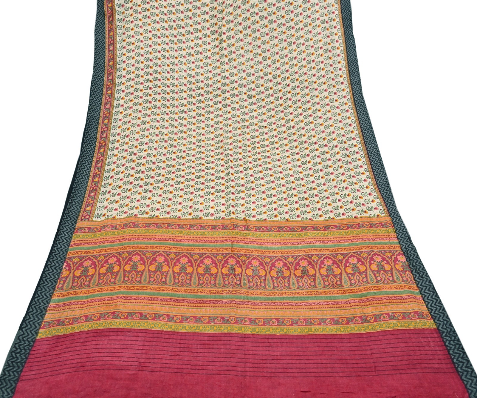 Vintage Red Beige Wool Saree Indian Pure Woolen Woven Floral Fabric 5Yard Soft