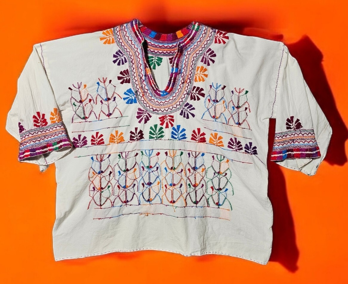 Vintage 1960s Handmade Huipils Embroidered Cotton Tunic Boho Hippie Top Ethnic