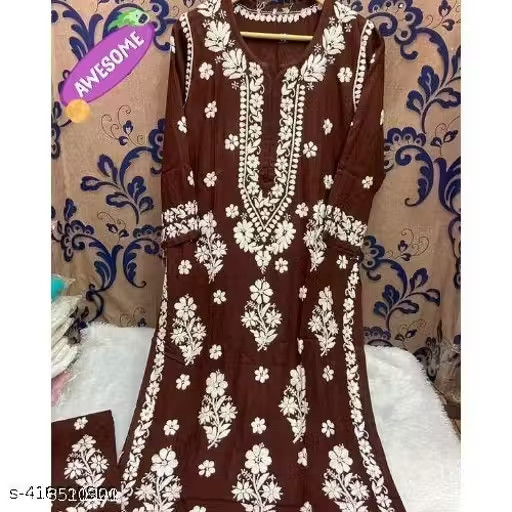 Plus Size Rayon Chikankari Kurti Palazzo Set Women’s Indian Ethnic Outfit M-8 XL