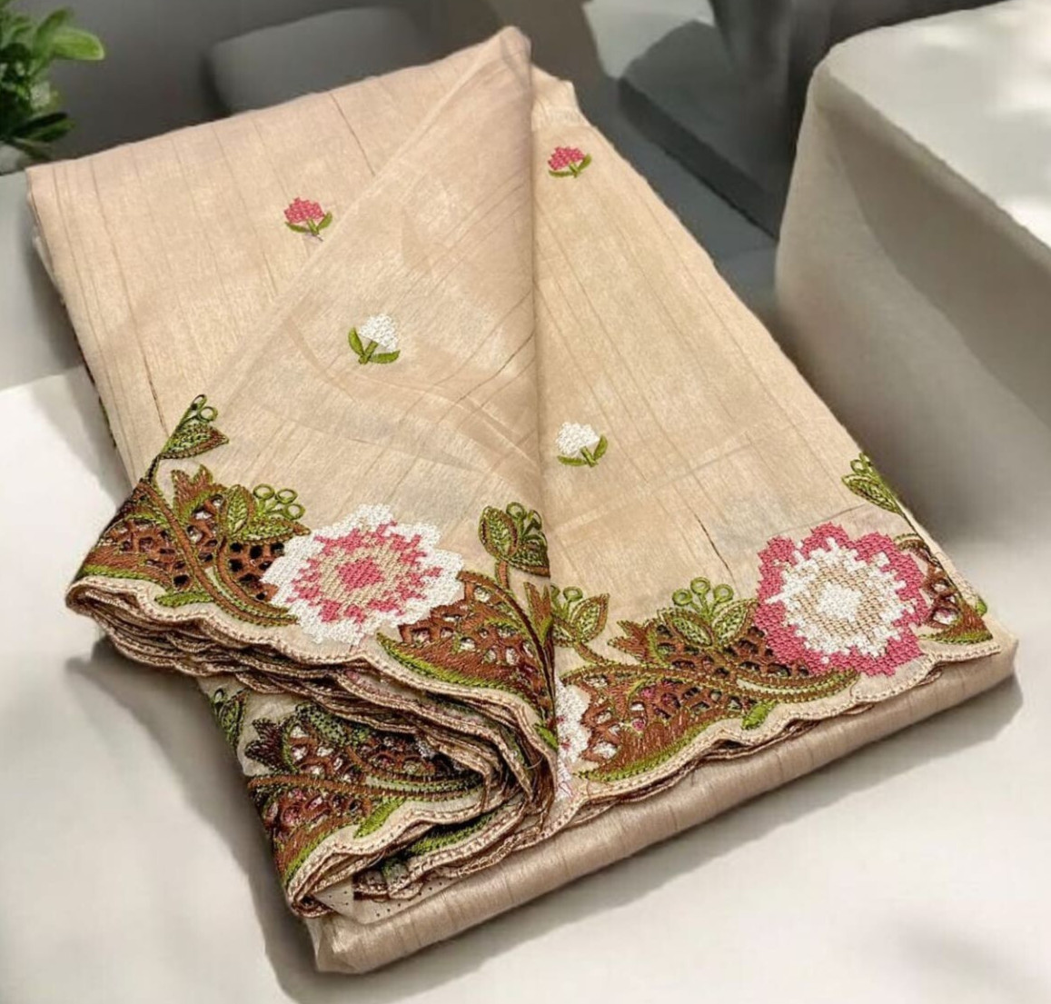 Designer Pure Tussar Silk Embroidered Motifs Cutwork Border Saree,Wedding Saree