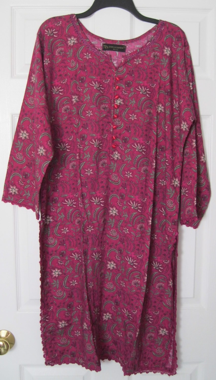 New 2 Pc Pakistani Print Lawn Kurti Trousers Suit Scalloped Trim Magenta Size XL