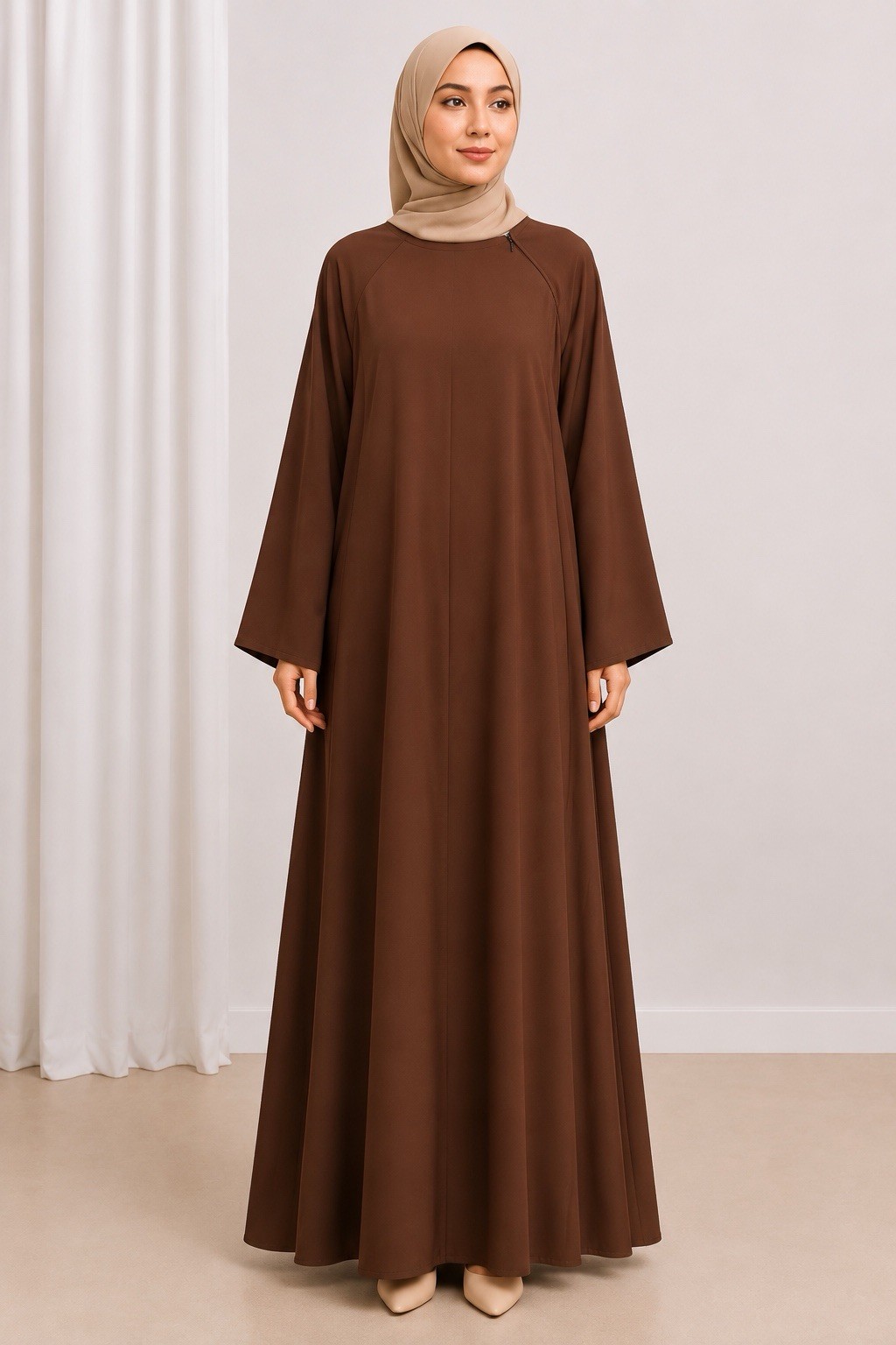 Handmade Women’s Brown Zipper Abaya Full Length Wide Sleeve Round Neck