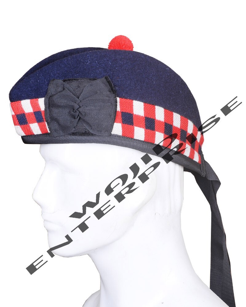 SCOTTISH Military Piper Kilt GLENGARRY Blue Black White Diced Scot Cap 100% Wool