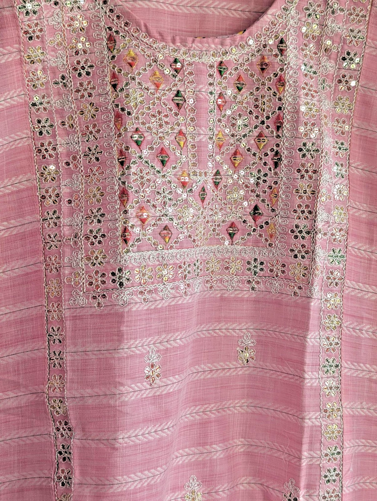 Kurta Top Tunic Cotton Embroidered thread Seqin Work Round Neck Pink 36″ x 19″
