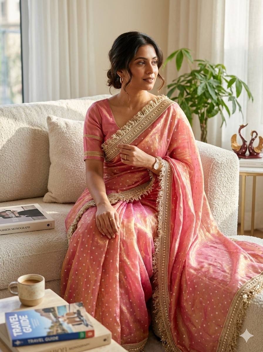 Moss silk with Jaquard Butti Beautiful fancy lace border in saree