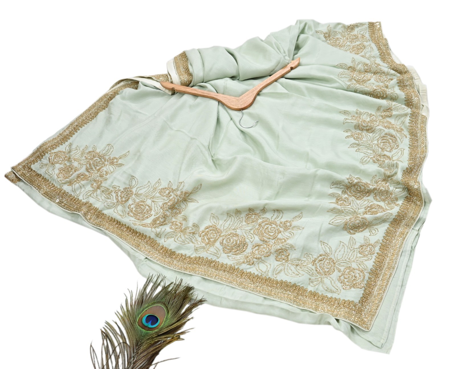 Rare Vintage Olive Green Blend Silk Saree Hand Embroidered Fabric 5.5 Yard Sari