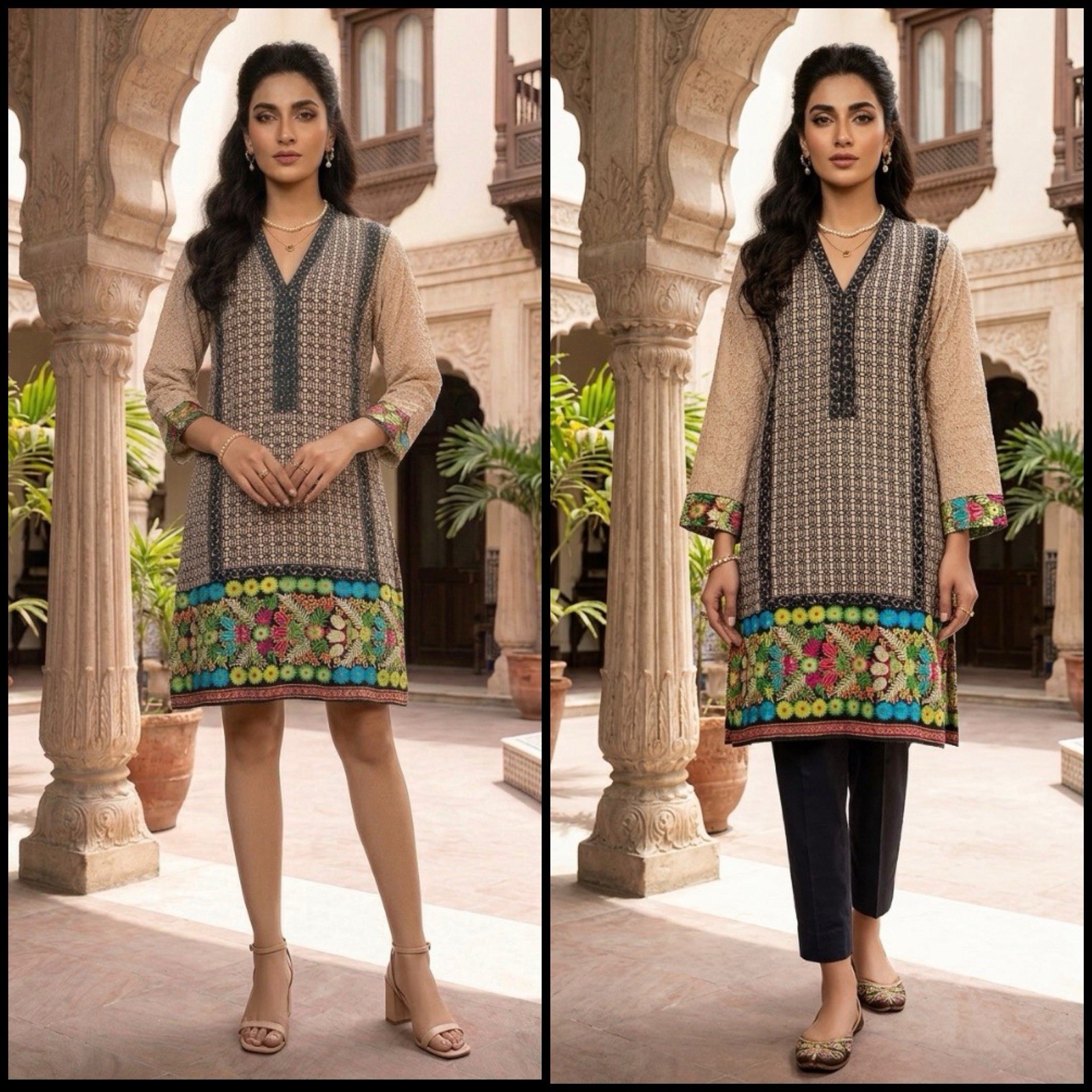 Khalid Khaas Kurti Pakistani Ethnic Border Print Contemporary Beige Tunic Top 10