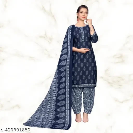 Navy Blue & Grey Cotton Blend Printed Ready to Wear Patiala Salwar Suit