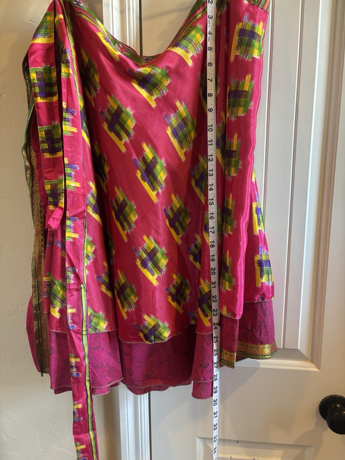 Handmade Women’s Saree One Size Pink Multicolor Pattern w/ Gold Border