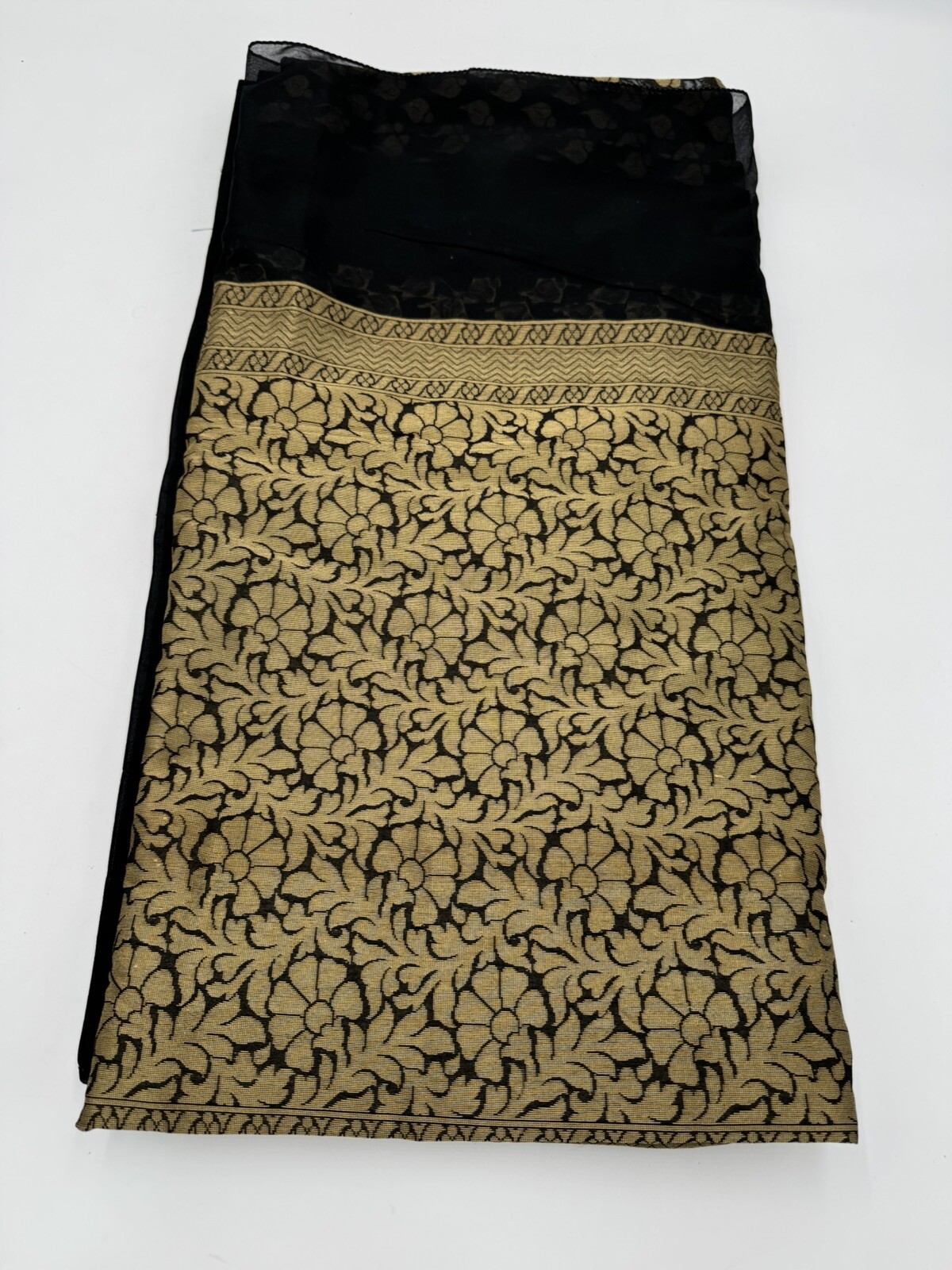 Saree Craft Material Black Gold Print Indian Fabric 45″ W X 5.7 YDs Sheer Ends