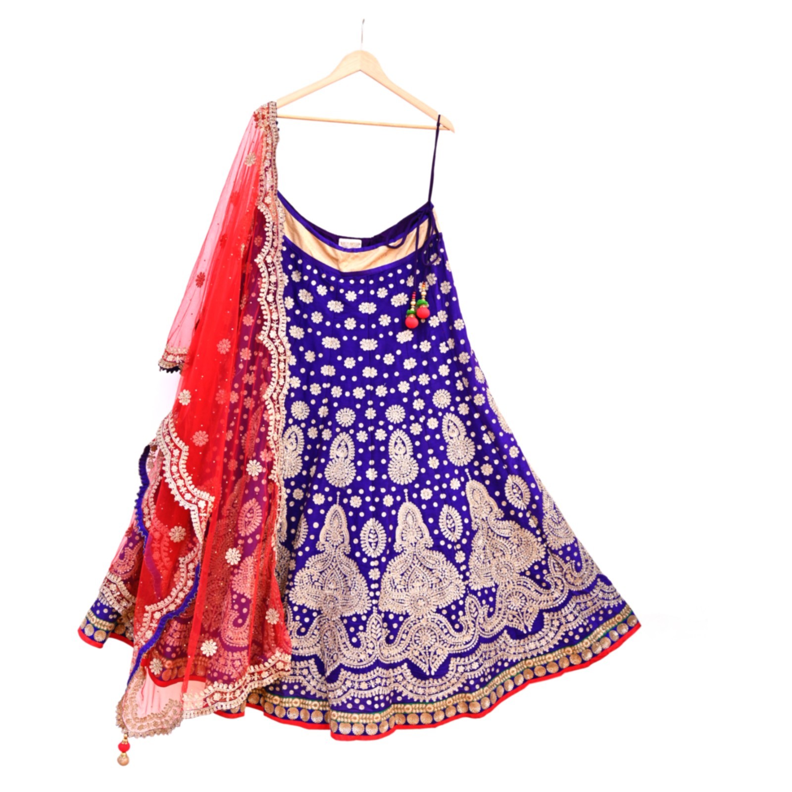 Pre-Owned Abu Jani Blue Red Raw Silk Bridal Lehenga 3pc Set, Hand Embroidered