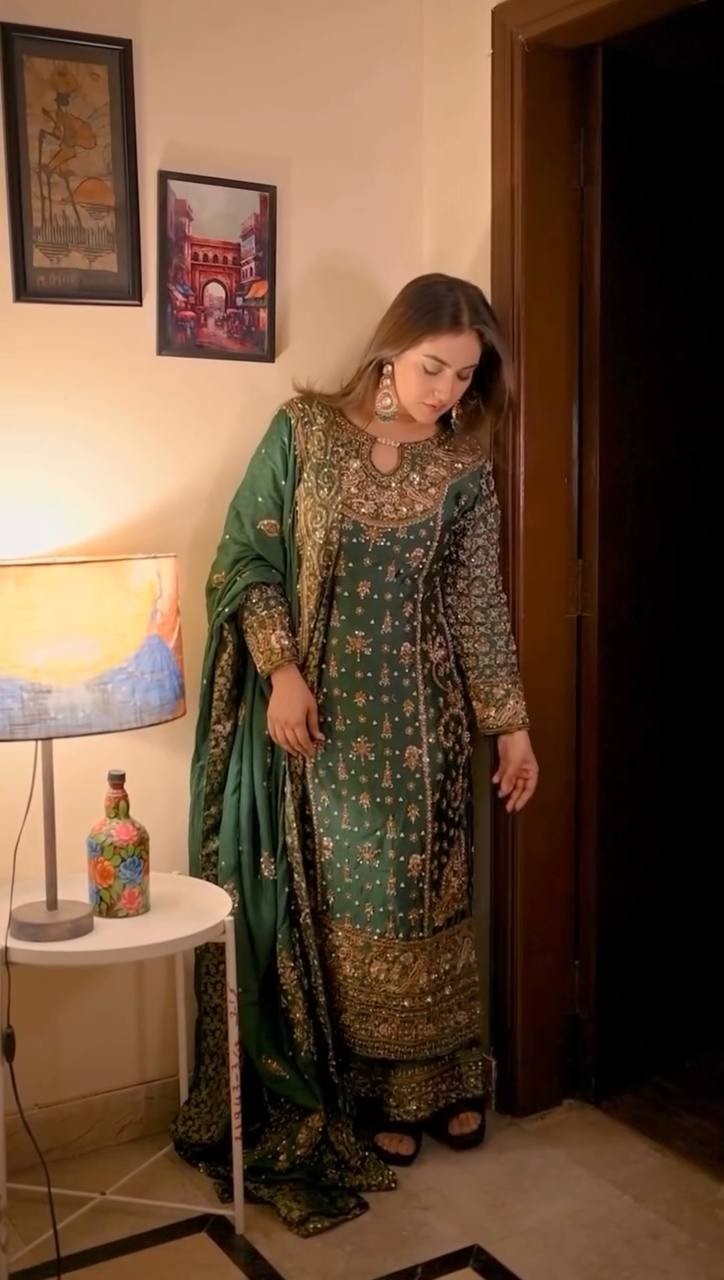 Fancy Designer Heavy Georgette Green Palazzo Suit And Dupatta For Function Wear
