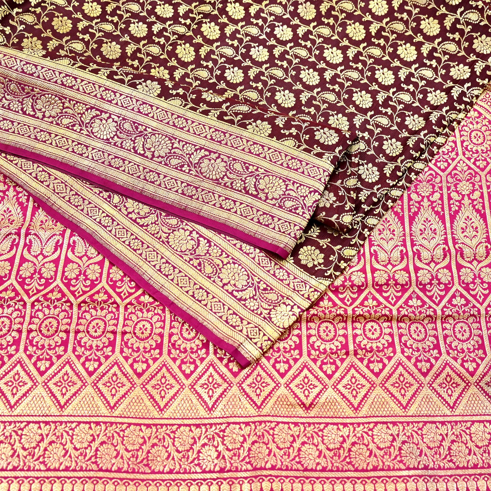 Vintage Sari Pink & Maroon Heavy Wedding Pure Satin Silk Banarasi Brocade Saree