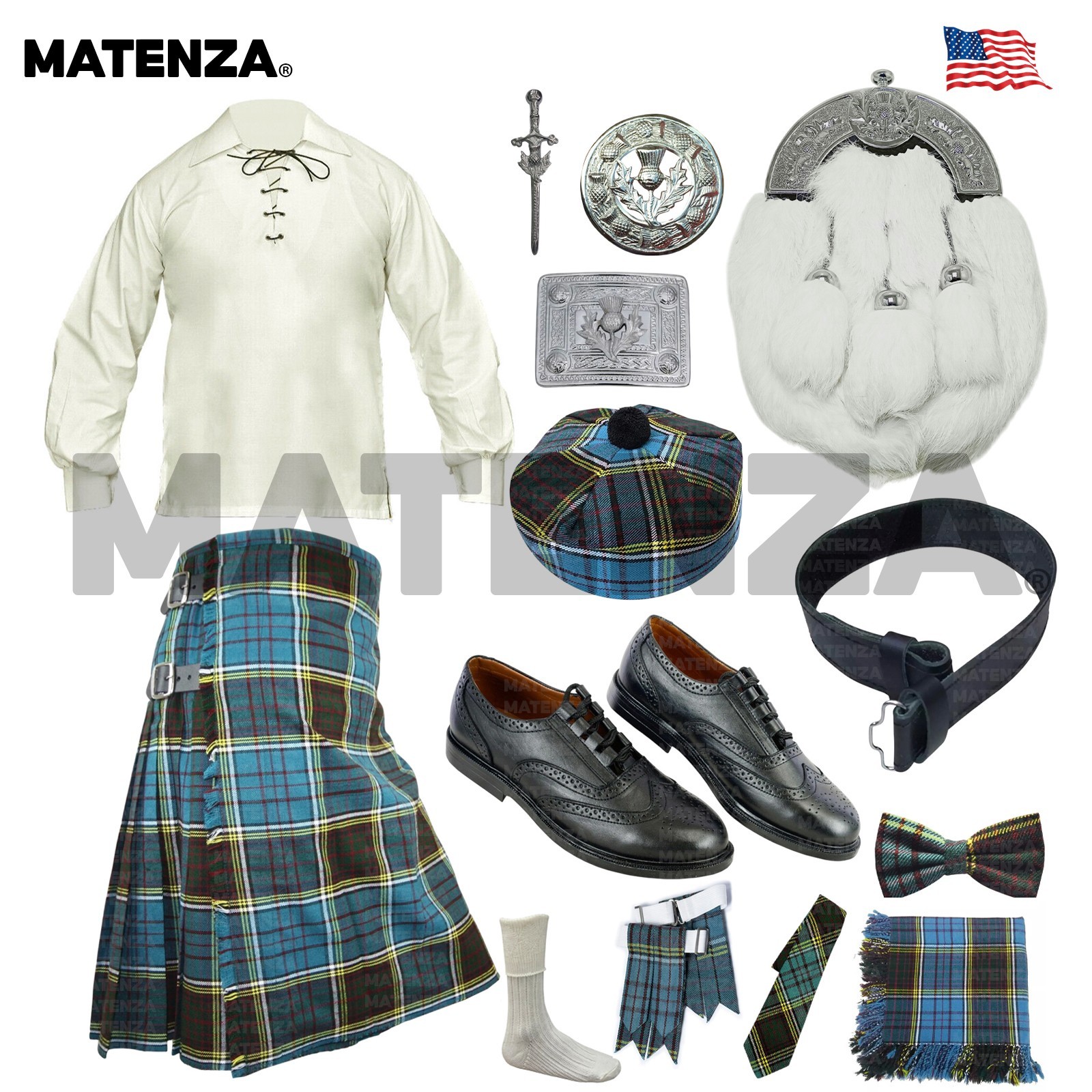 Anderson Modern Tartan 14pc Scottish Kilt Outfit Set 5 Yard Highland Wear