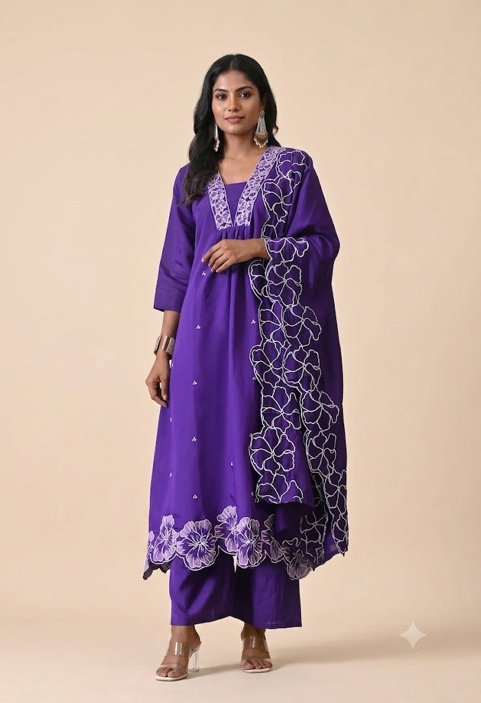 Stunning 3-Piece Royal Purple Festive Kurta Pant Suit Outfit Set