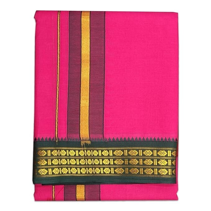 Cotton Colour Dhoti, Cotton 4 Meter Dhoti and 2.25 Meter Towel Set 9X5 Pink