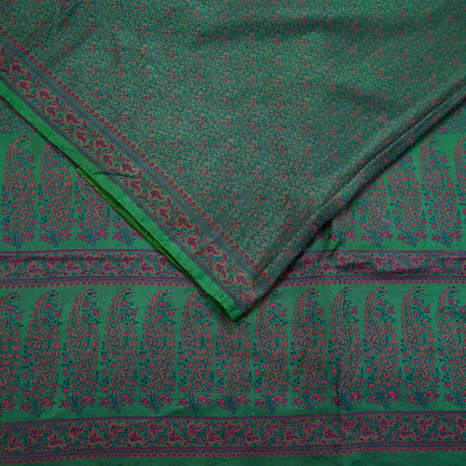 Vintage Green Banarasi Silk Saree Pure Satin Silk Handwoven Tanchoi Fabric 5yard