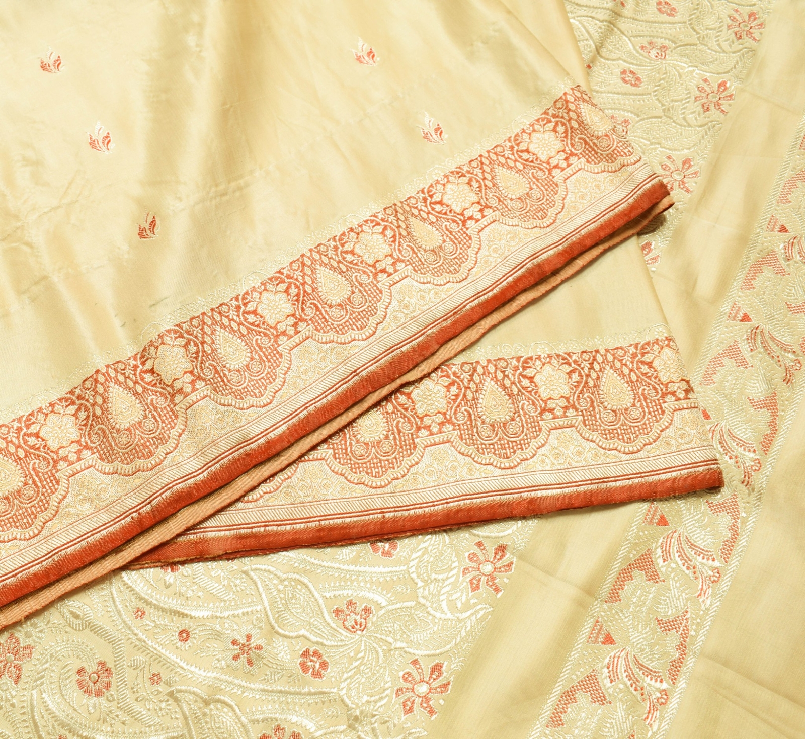 Sushila Vintage Beige Heavy Saree Pure Satin Silk Banarasi Brocade Sari Fabric