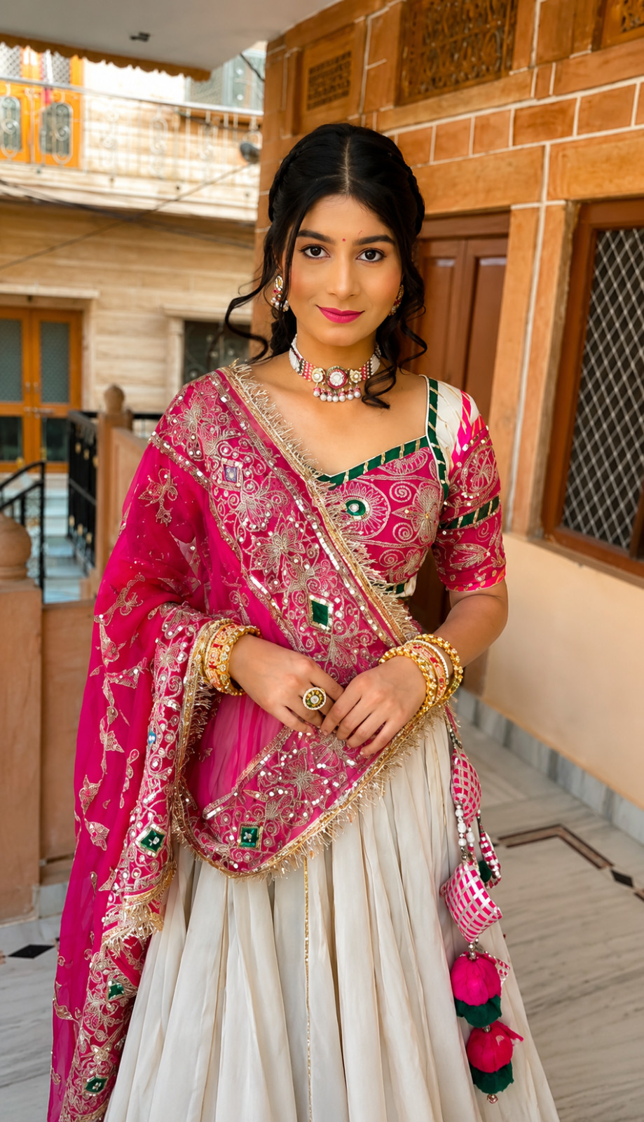 Readymade Roman Silk White Lehenga Choli Heavy Embroidery Work Pink Dupatta Set