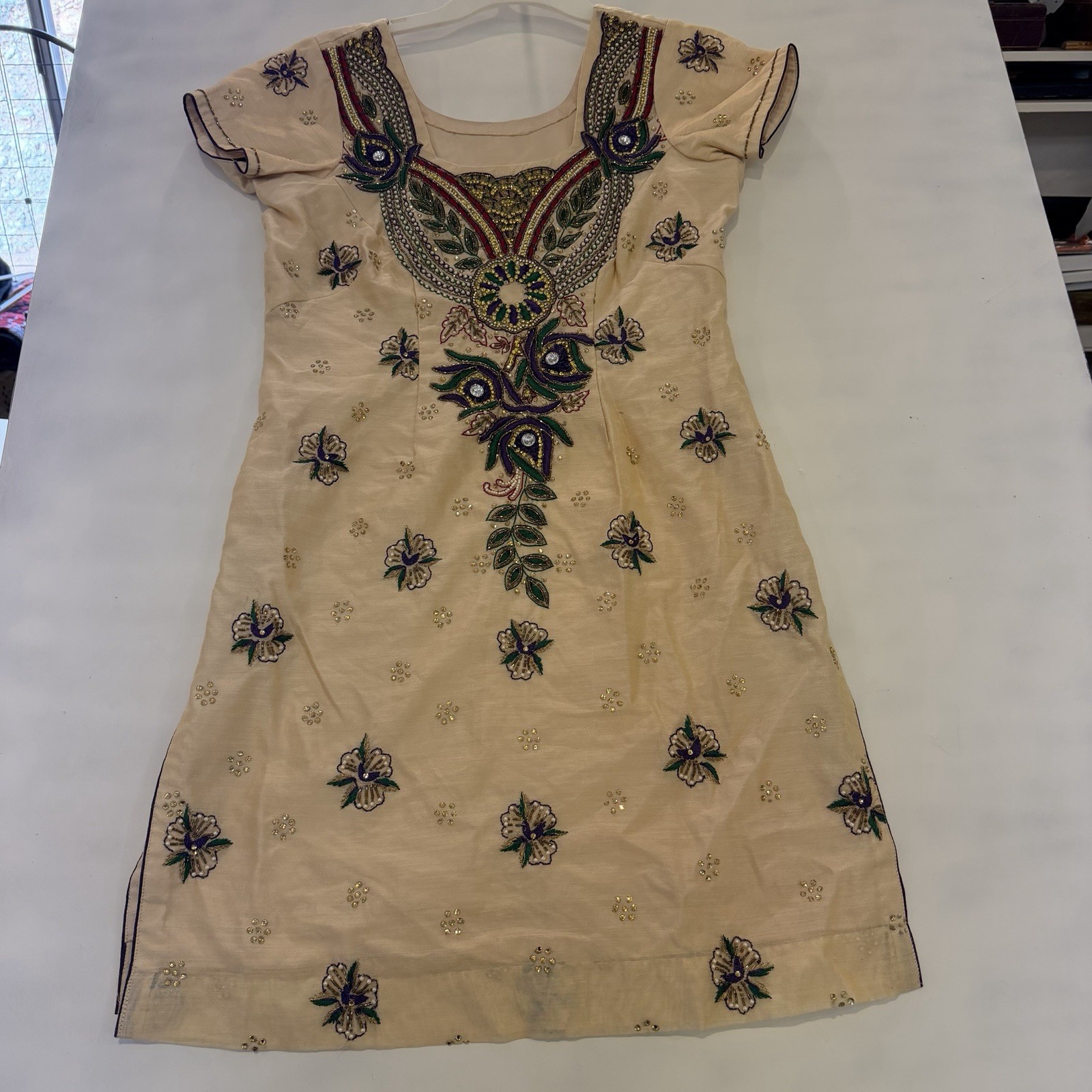 Indian Embroidered Kurti Tunic Dress Beaded Silk Blend Beige Made in India