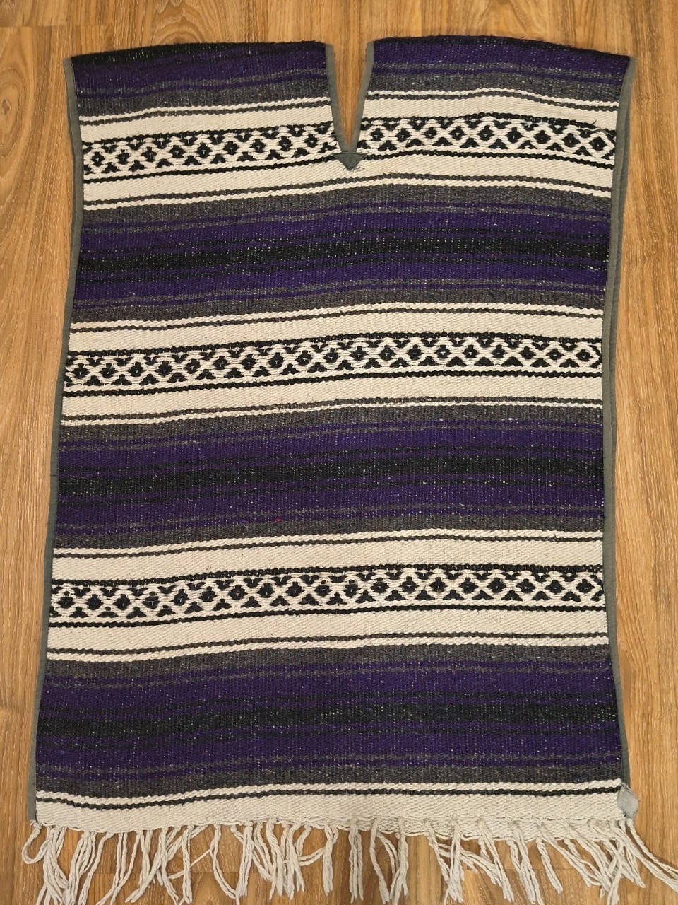 Handmade Aztec Purple Black White Mexican Poncho Wearable Blanket Fringe Osfm