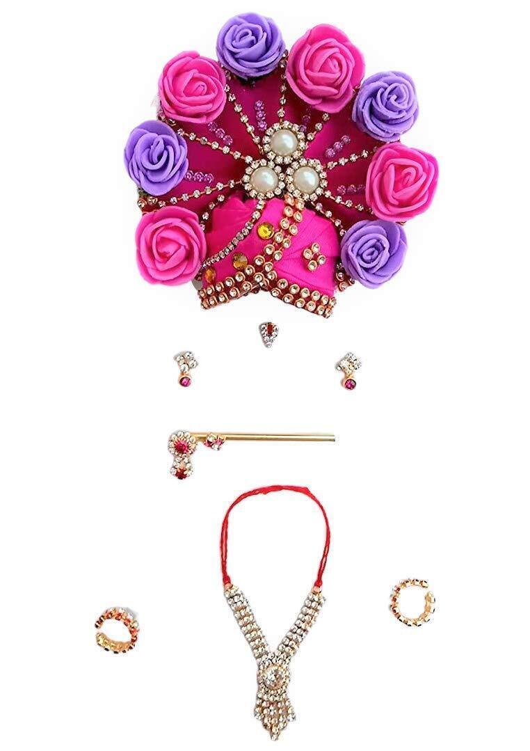 Ladoo Gopal Designer Pagdi With Shringar Accessories Pink Set US