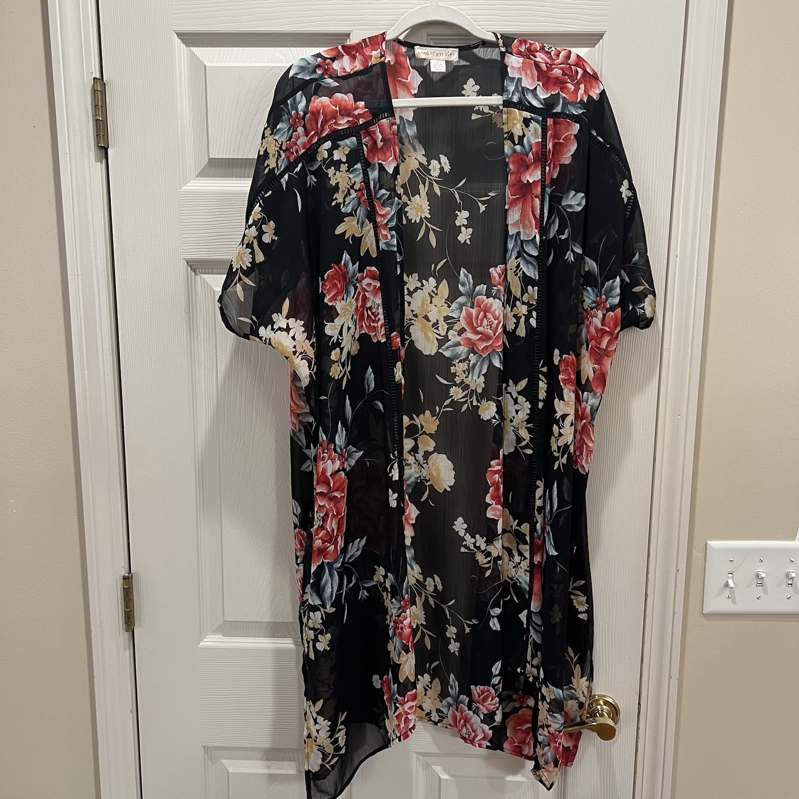 Band Of Gypsies Sheet Kimono Oversized Size Small Black Floral Print Boho Q6