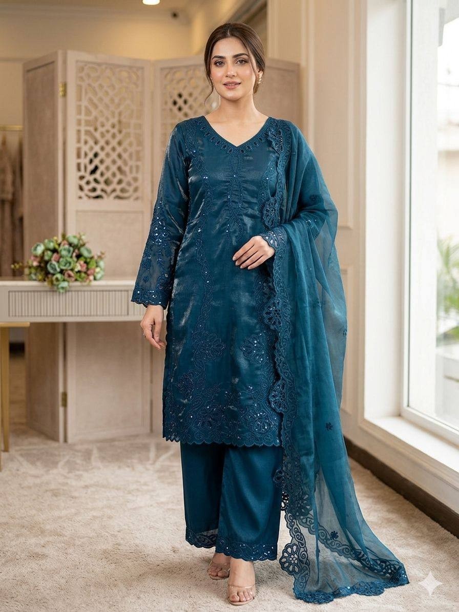 Indian Designer Glass Roman Rama Kurta Pant Dupatta Set Women Wedding Party Wear