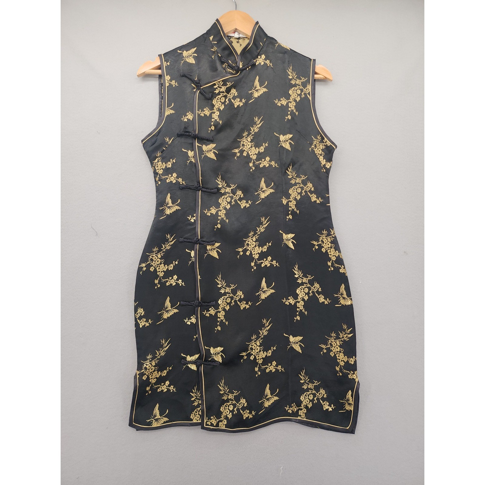 Laogudai Black Gold Butterfly Floral Brocade Cheongsam Qipao Dress Sleeveless VT