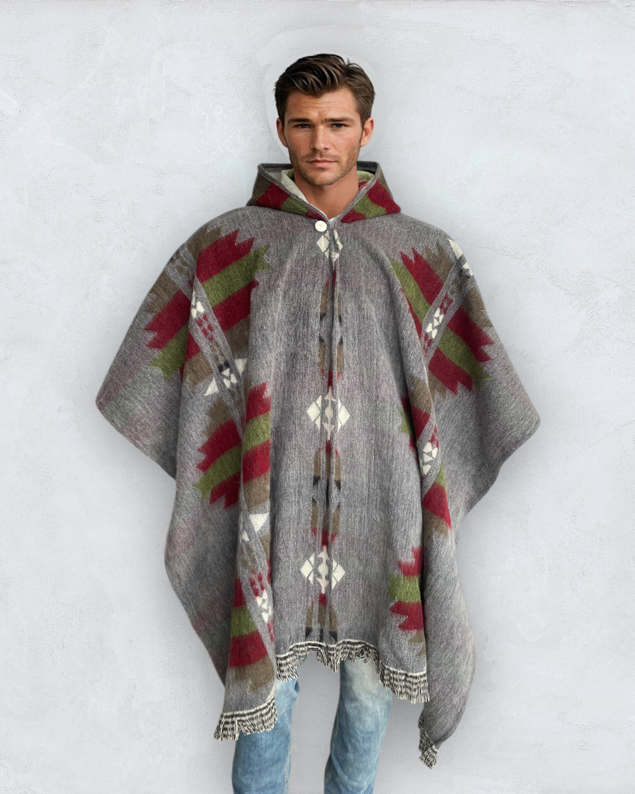 Alpaca Poncho Hooded in gray | Soft Comfortable Wool | Navajo Design Handcrafted