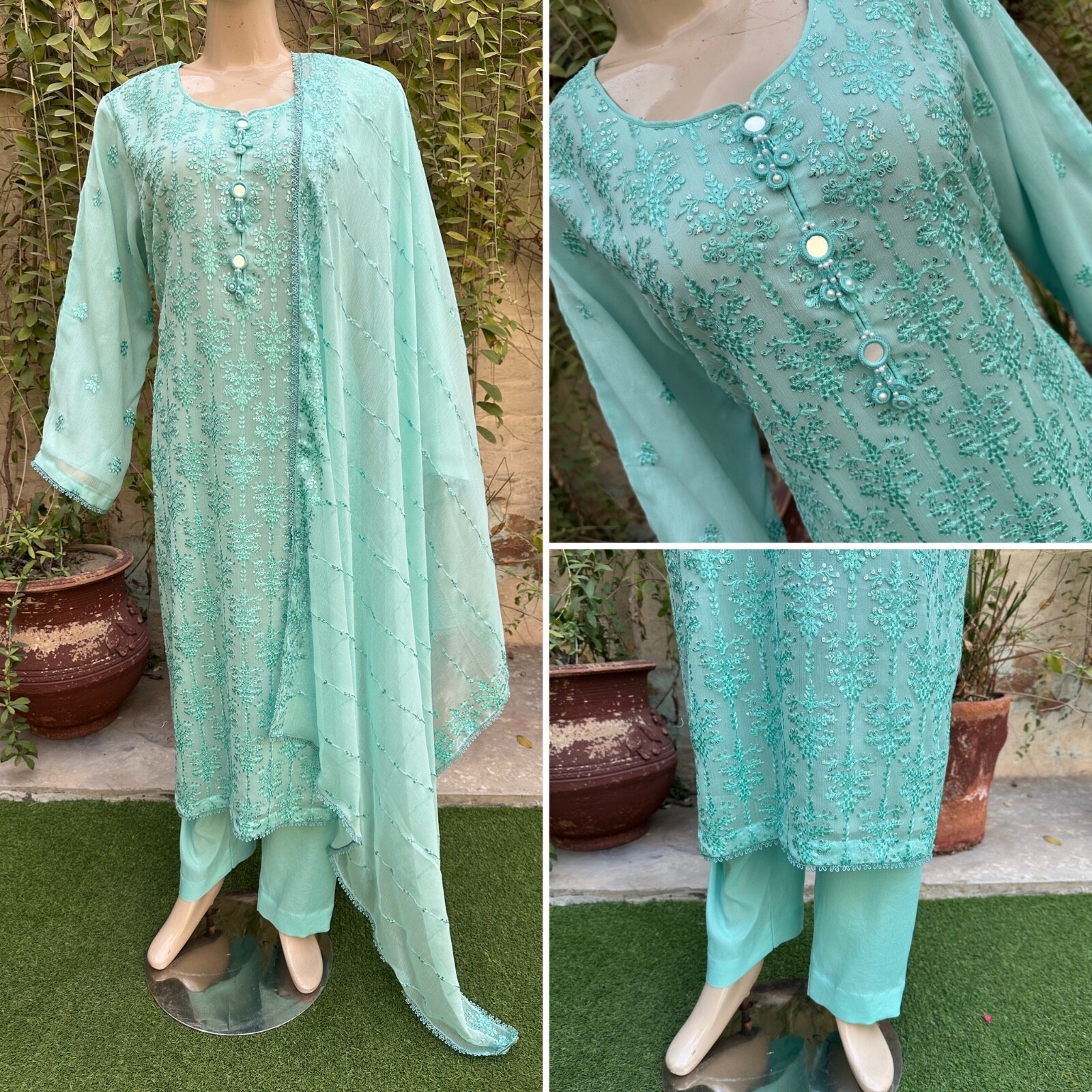 Pakistani Sea Green 3Pcs Fancy Chiffon Dress with thread embroidery ,XL