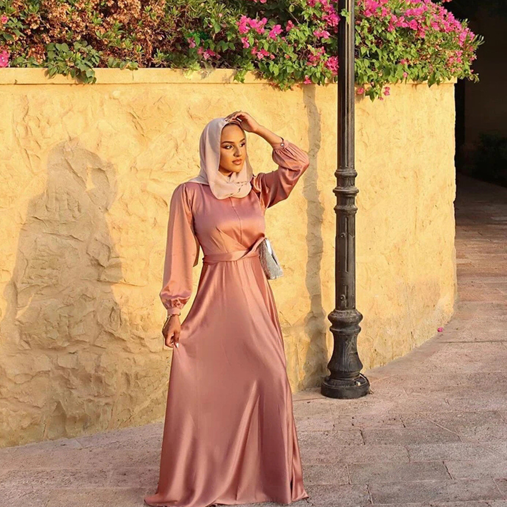 Eid Mubarak Satin Abayas Women Muslim Maxi Dress Islamic Clothing Dubai