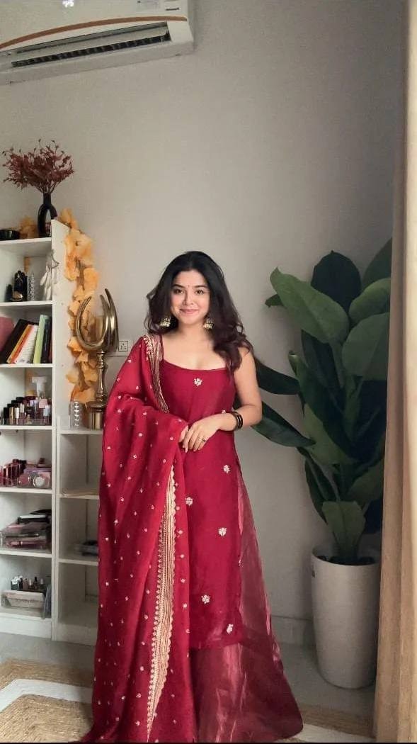 Bollywood Style Silk Maroon Top Palazzo With Dupatta For Party Wear