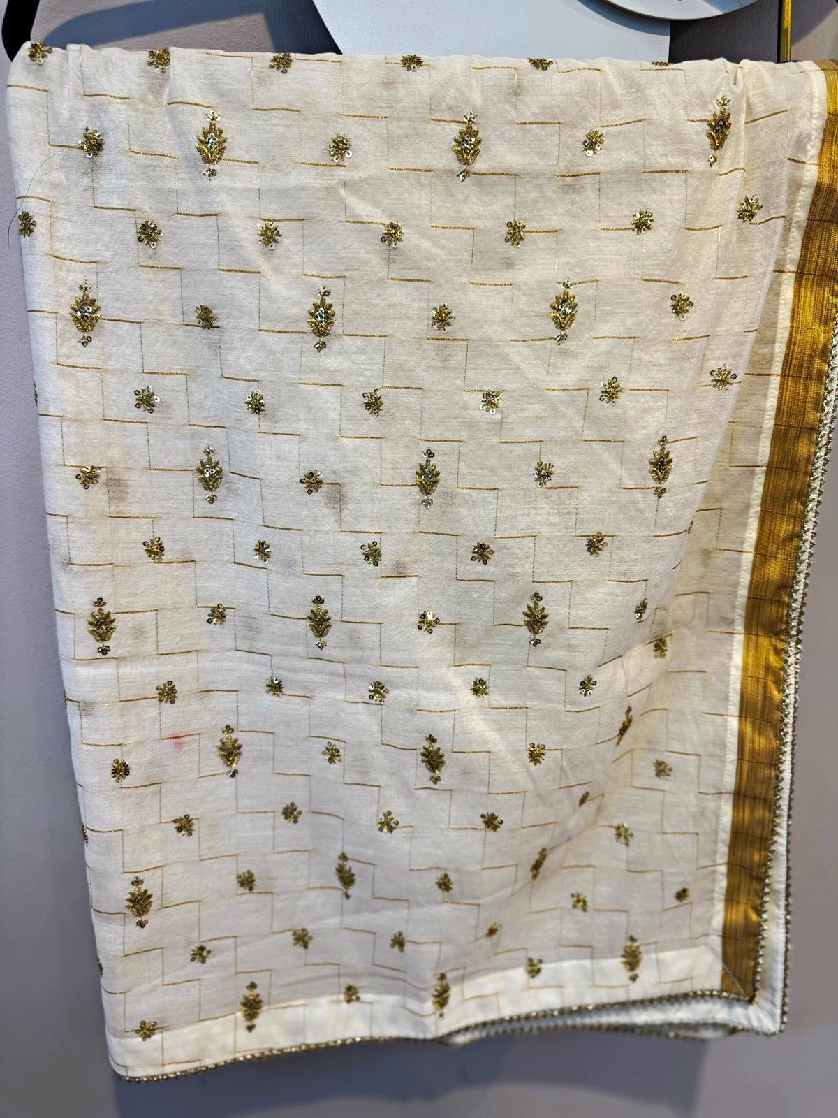 Handmade Women’s white Cotton Chanderi shirt Gold Stripes Dupatta