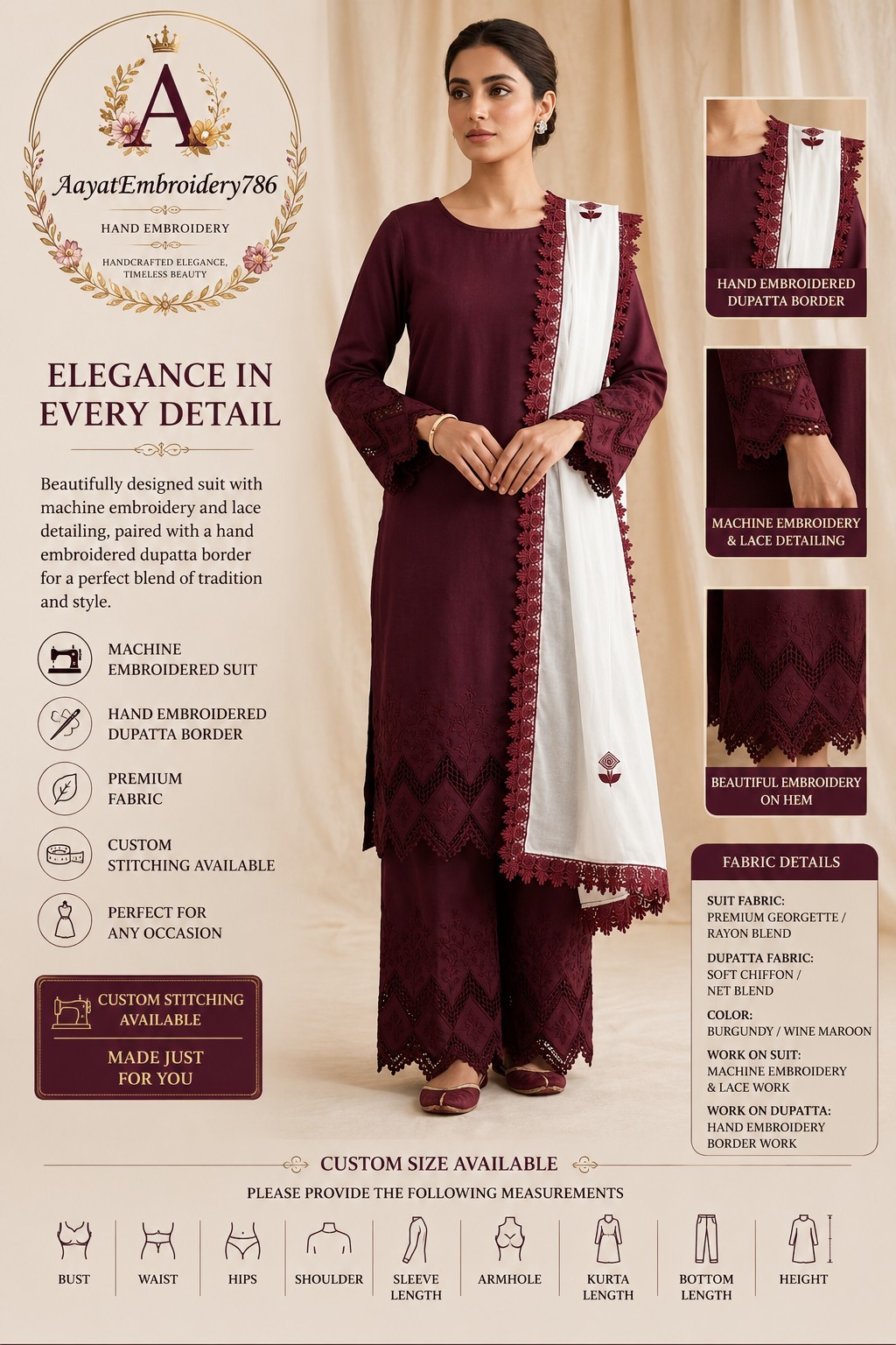 Custom Size Burgundy Embroidered Salwar Kameez Suit Set with Hand Embroidered…