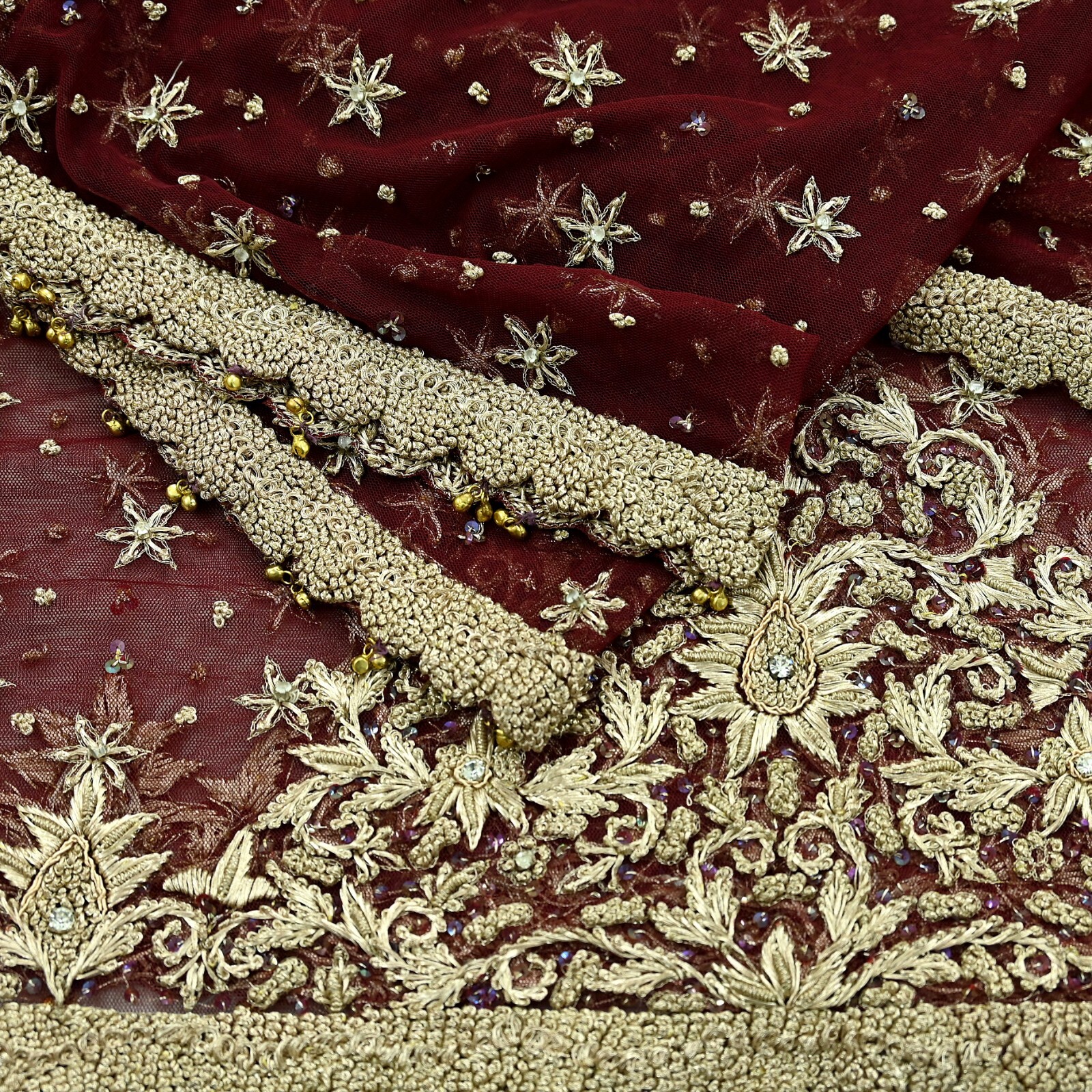 Vintage Heavy Wedding Maroon Dupatta Net Mesh Long Stole Hand Embroidered Scarf