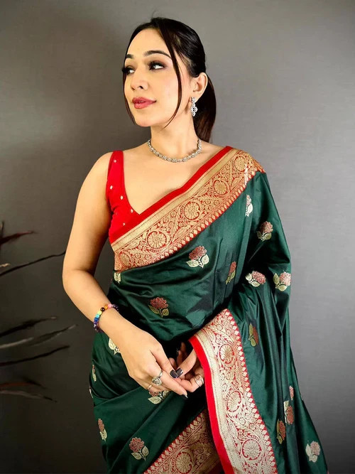 Women Saree Soft Banarasi Silk Gadwal Pattu Dark Green Zari Border With Blouse