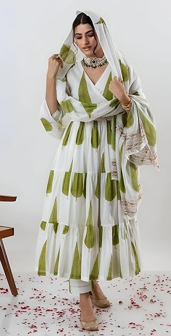 Women Georgette Ethnic Diwali Green Floral Anarkali Kurta Top Trousers & Dupatta