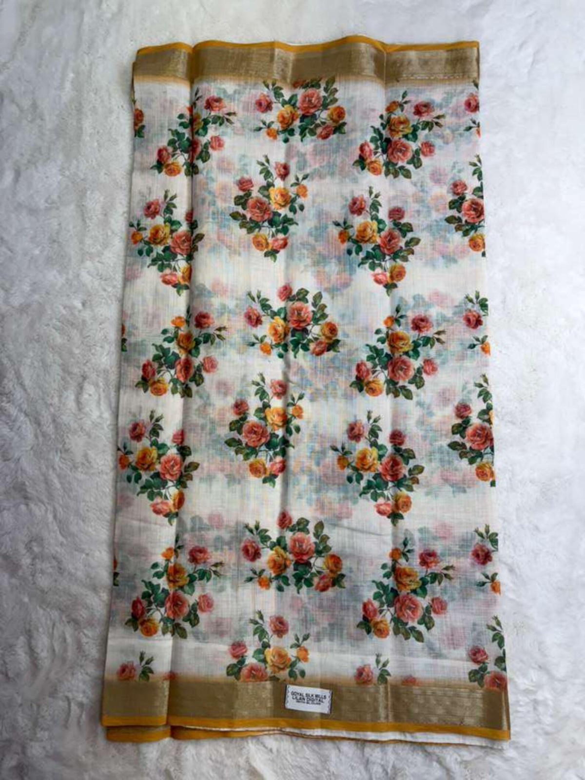 Digital Print Linen Saree with gold jari border and with readymade blouse 40-46