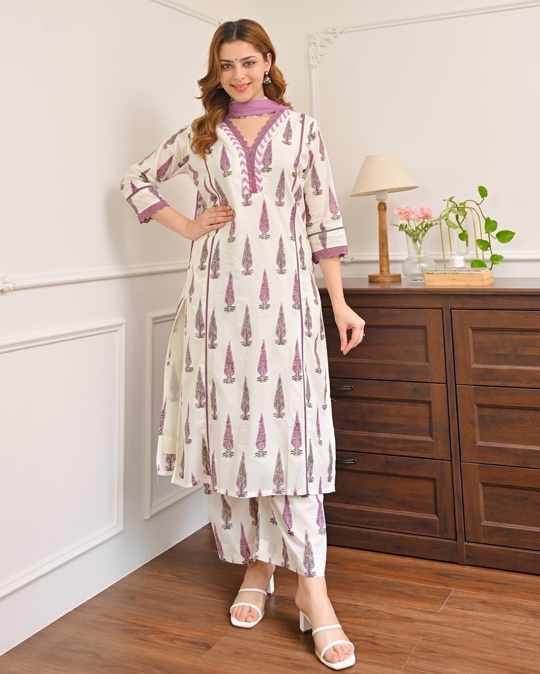 Boho Indian Floral Print Kurti Dress Set V-Neck Tunic & Wide Leg Pants Suit